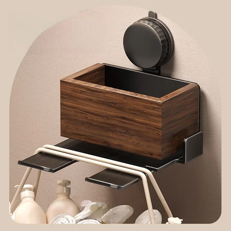 Black Bathroom Shelf with Hair Dryer Holder Sucker Cup Bathroom Storage Holder Milk Cream Wood Bathroom Holder