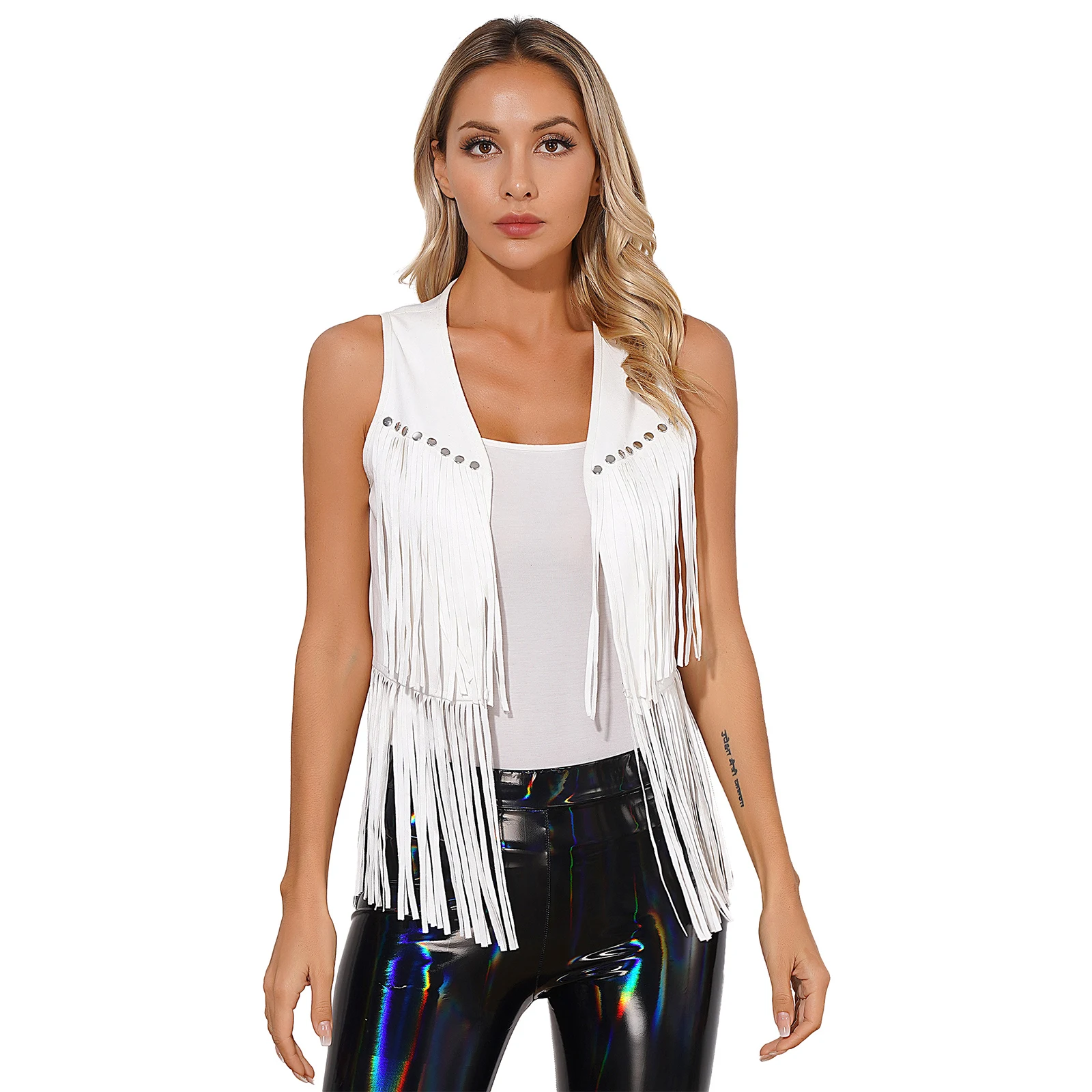 Womens Rave Party Clubwear Faux Suede Tassel Vest Fashion Rivets Fringe Waistcoat Open Front Sleeveless Jacket