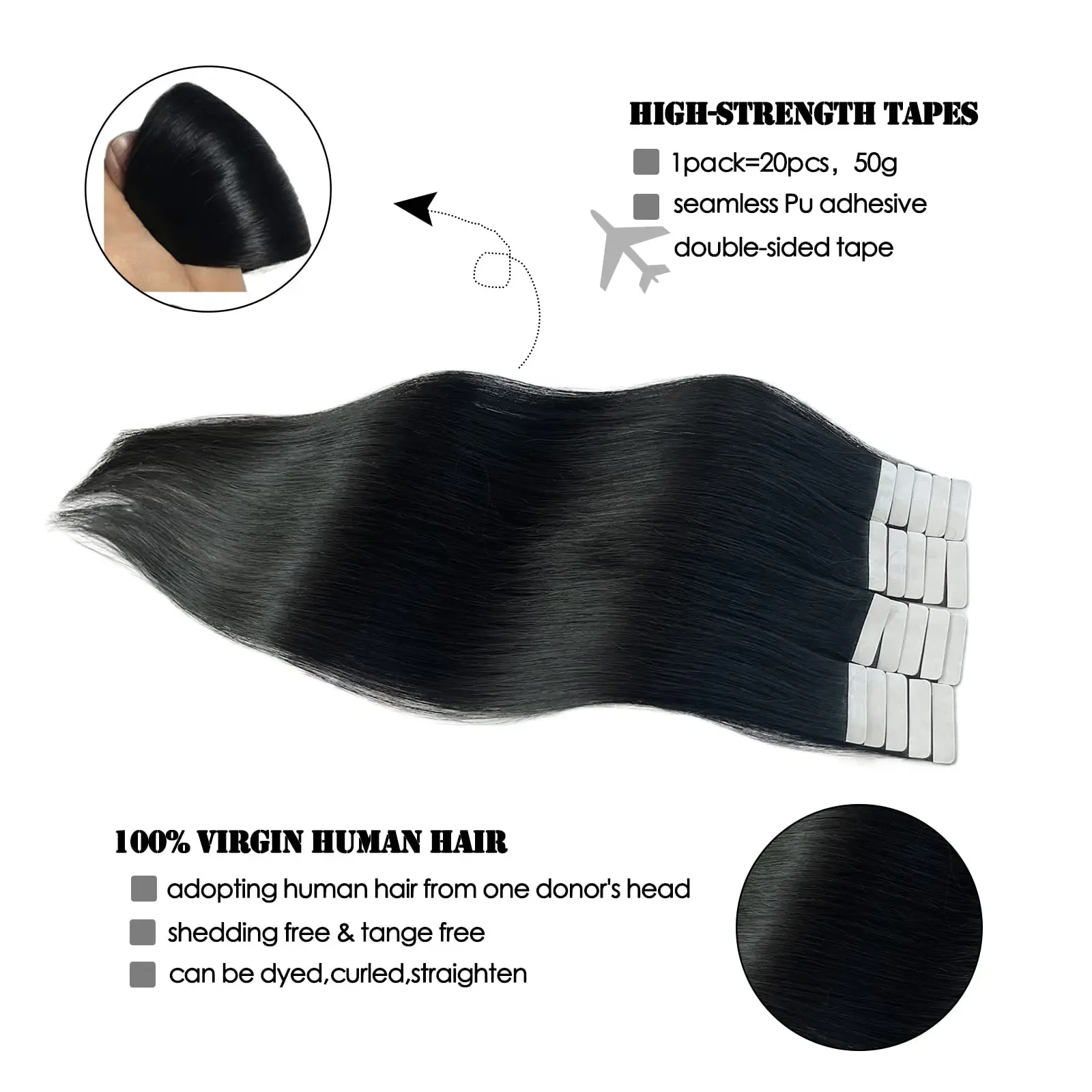 Mini cinta adhesiva Invisible para mujer, extensiones de cabello humano liso 100%, 16-26 pulgadas, 20 unidades por paquete