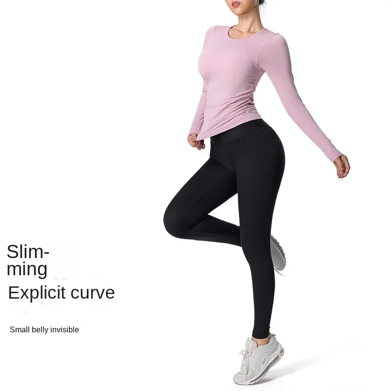 New yoga clothes, long sleeves, versatile and thin side folds, sports tops with chest pads, Pilates fitness clothes