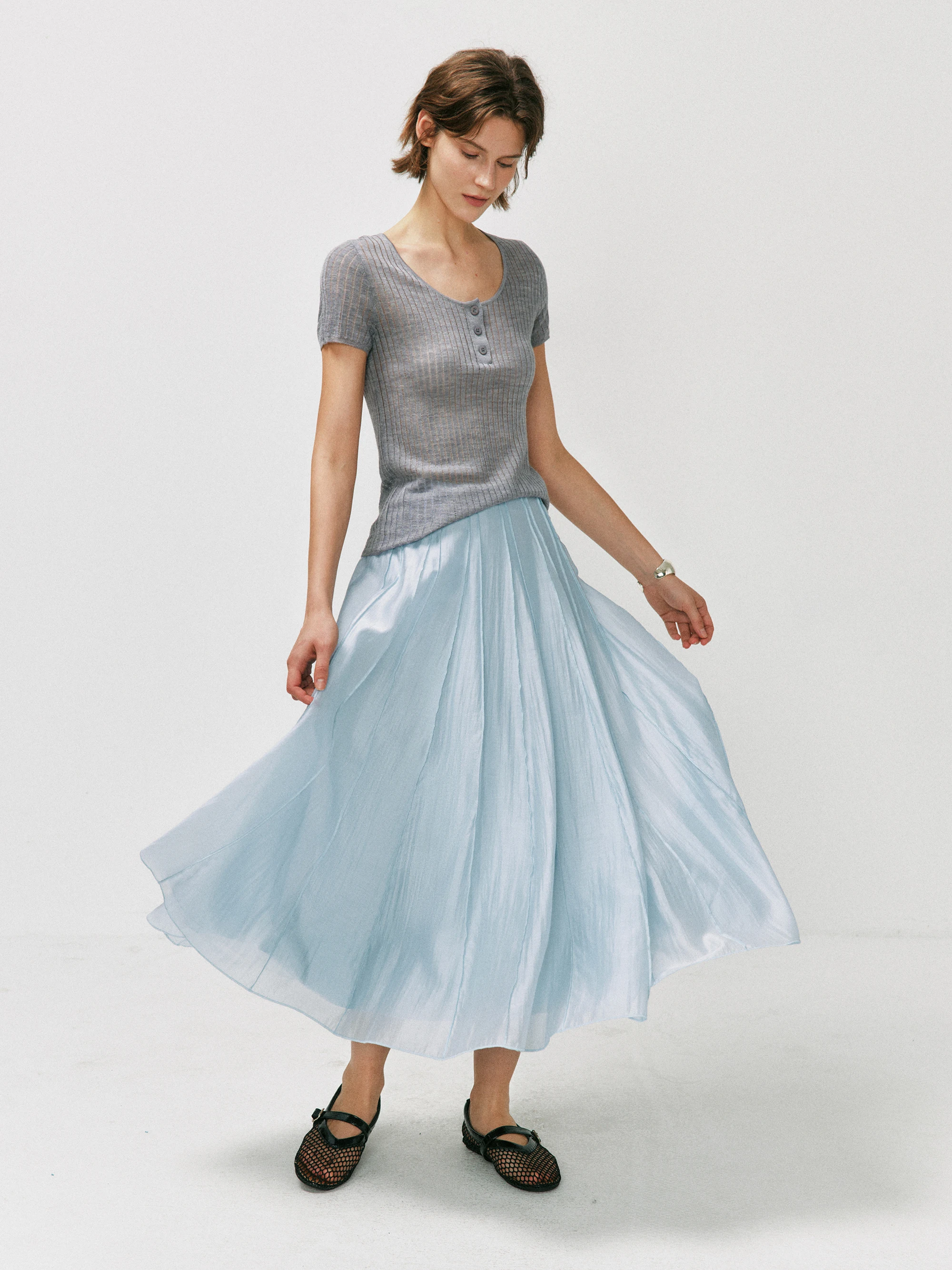 Elegant Long A-Line Half Skirt Multi-Piece Cut Lightweight Draping Pearl Lurex Rayon Women's Mid-Waist Skin-Friendly Breathable