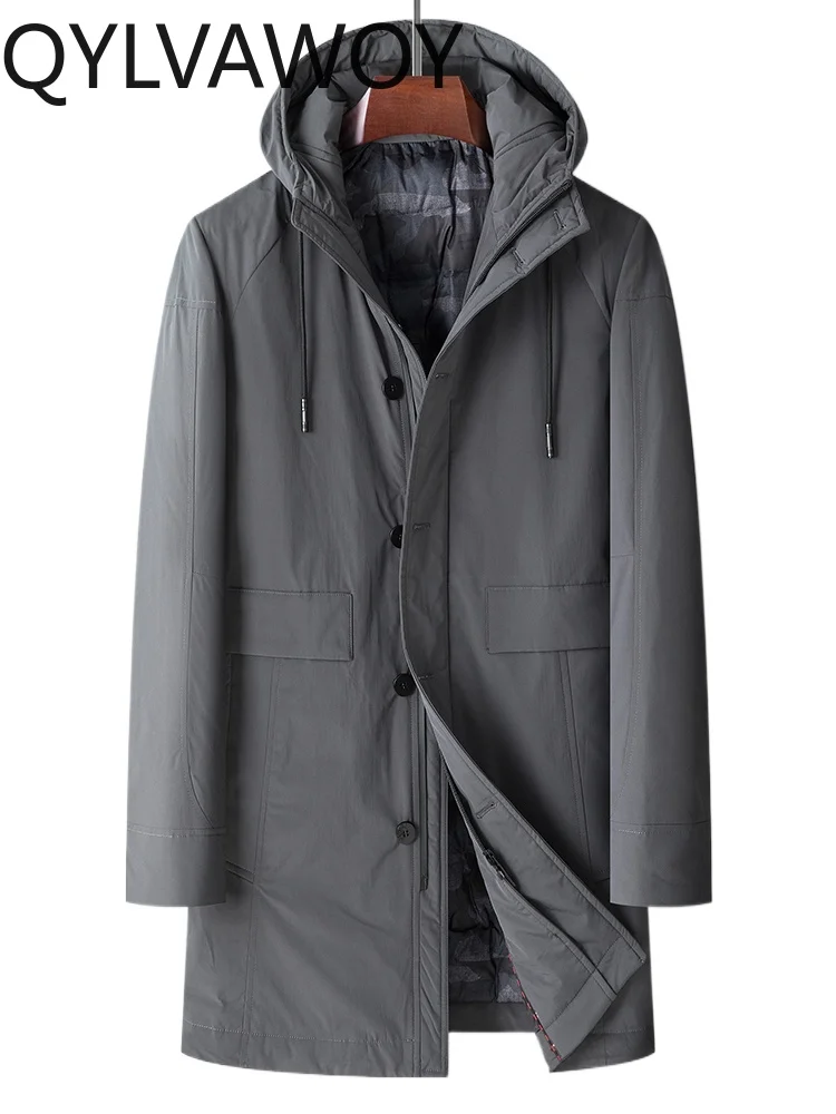 QYLVAWOY 100% Polyester Men's Season High-End Mid-Long Casual Down Jacket Middle-Aged Warm Outerwear Hooded Trench Coat LJ2073