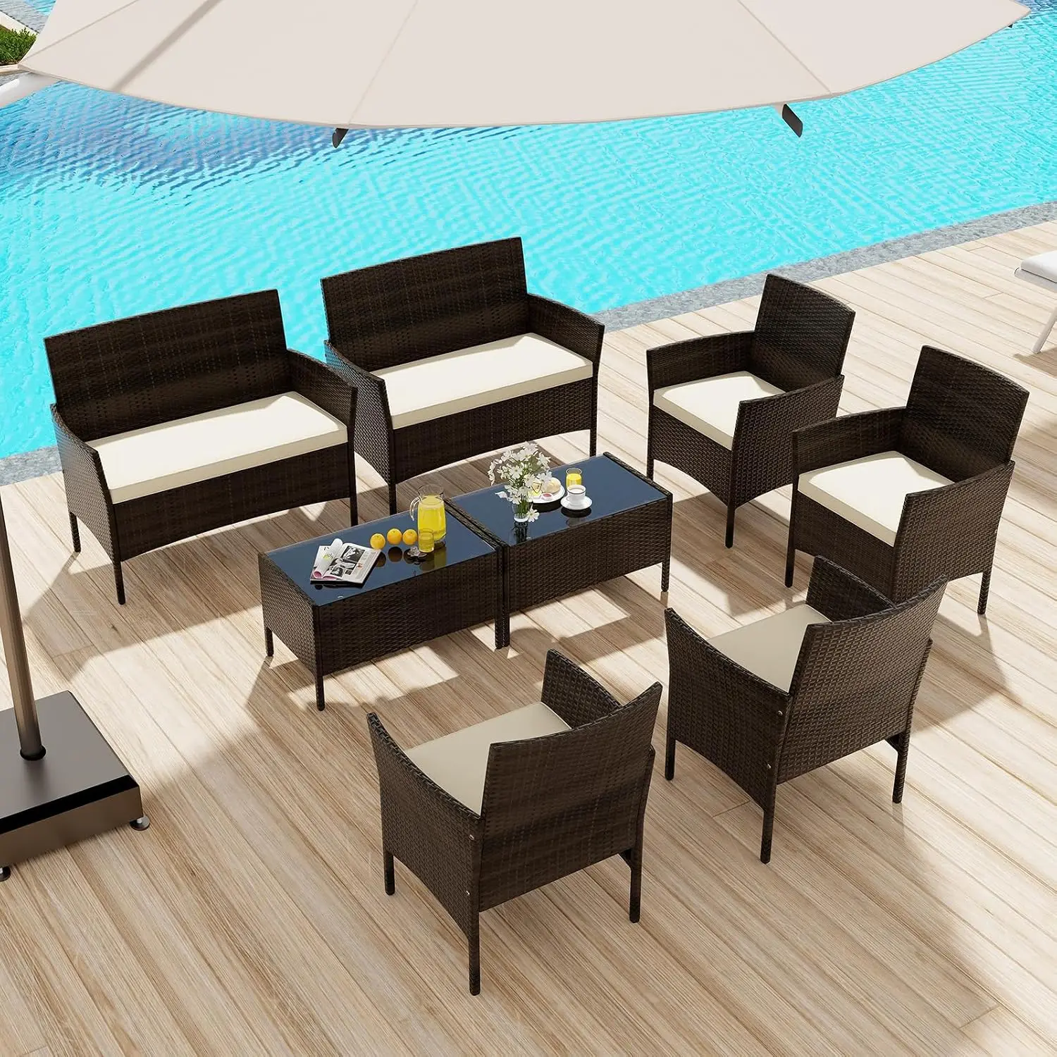 8-Piece Patio Rattan Conversation Set with Loveseat, Wicker Chairs & Tempered Glass Table for Backyard Porch, Customized