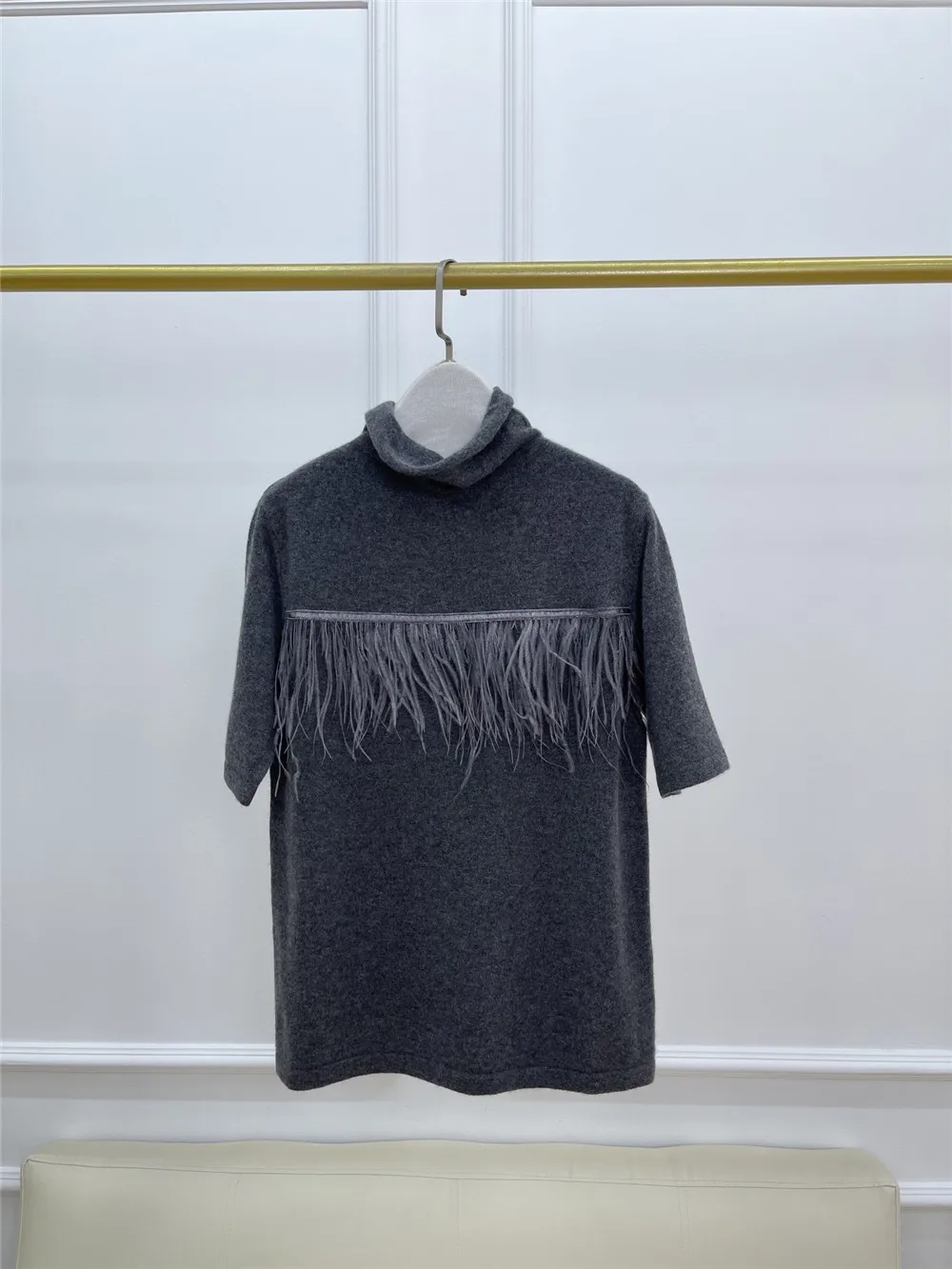 Feather Cashmere Sweater Half Turtleneck Short Sleeve Knitted Top Women 24 Autumn and Winter