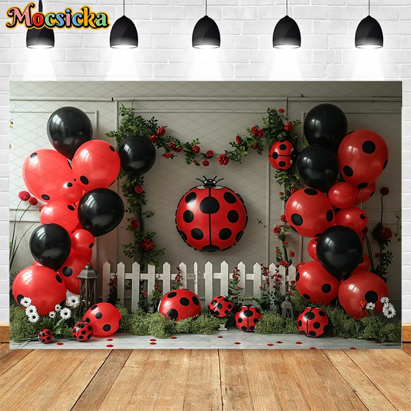 Mocsicka Birthday Party Photography Background Cake Smash Kid Portrait Crushed Beetle Seven-Spotted Ladybug Decor Photo Backdrop - view 2