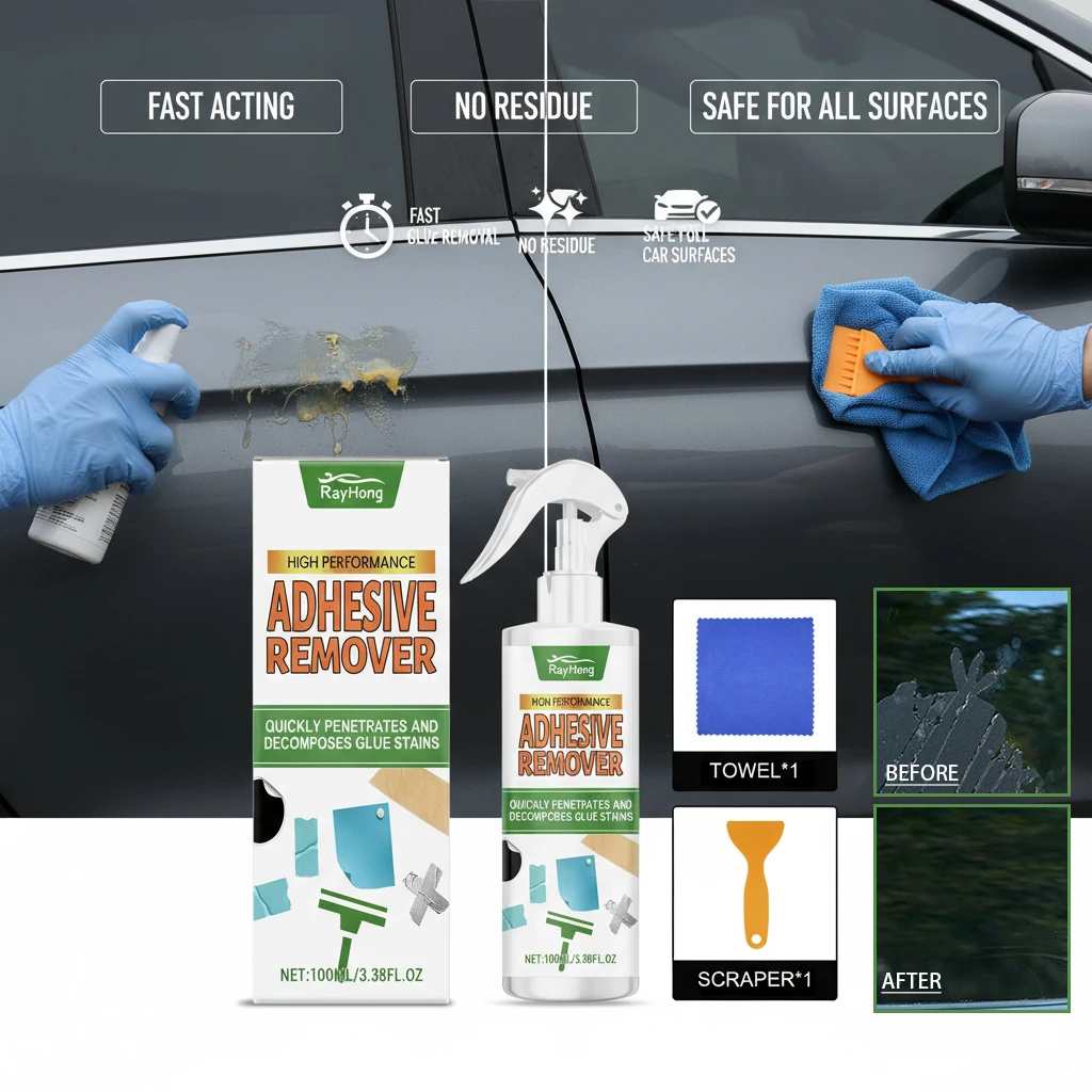 

Набор для удаления клея для автомобилей, эффективный спрей для растворения клея со скребком, инструмент для очистки от остатков наклеек