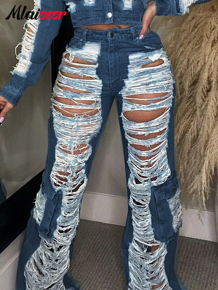 

Mlaiscsr Dark Blue Ripped Hole Baggy Straight Jeans Women‘s Elastic Waist Loose Denim Wide Leg Pants Boyfriend Birthday Trouser