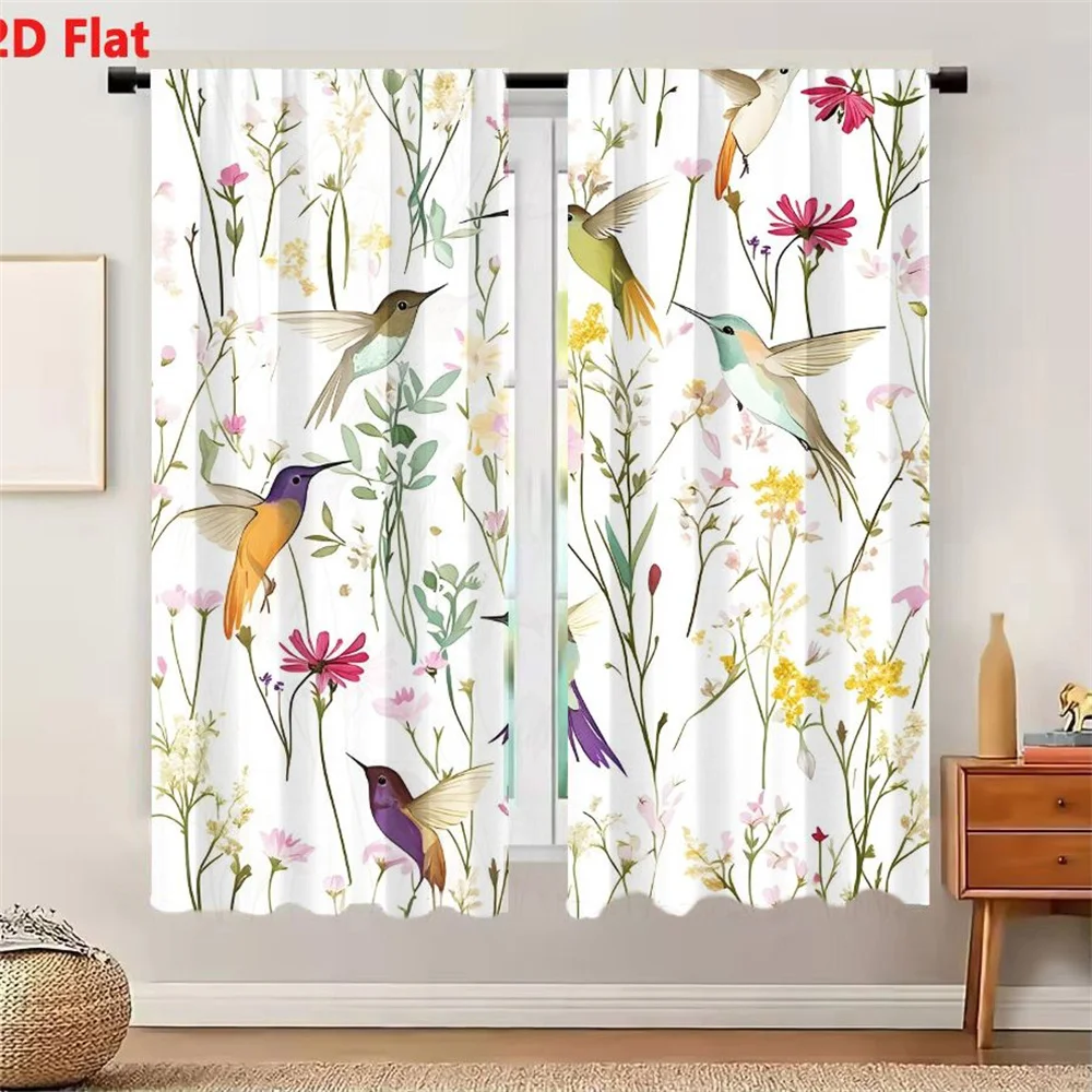 2Pcs Curtains Vibrant Hummingbirds And Wildflowers Seamless Pattern With Iridescent Plumage On White Background Window Drapes fo