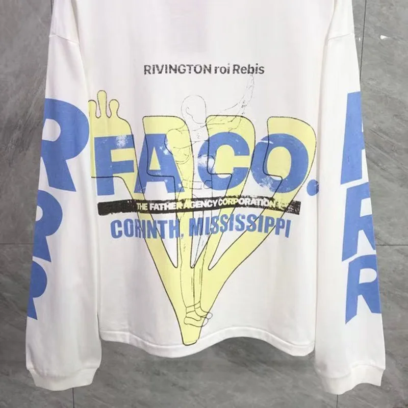 25SS خمر الأبيض RRR123 قاعدة تي شيرت الرجال النساء شارع العليا المتضخم الرسومات طباعة RRR 123 طويلة الأكمام تي شيرت بلايز العلامات