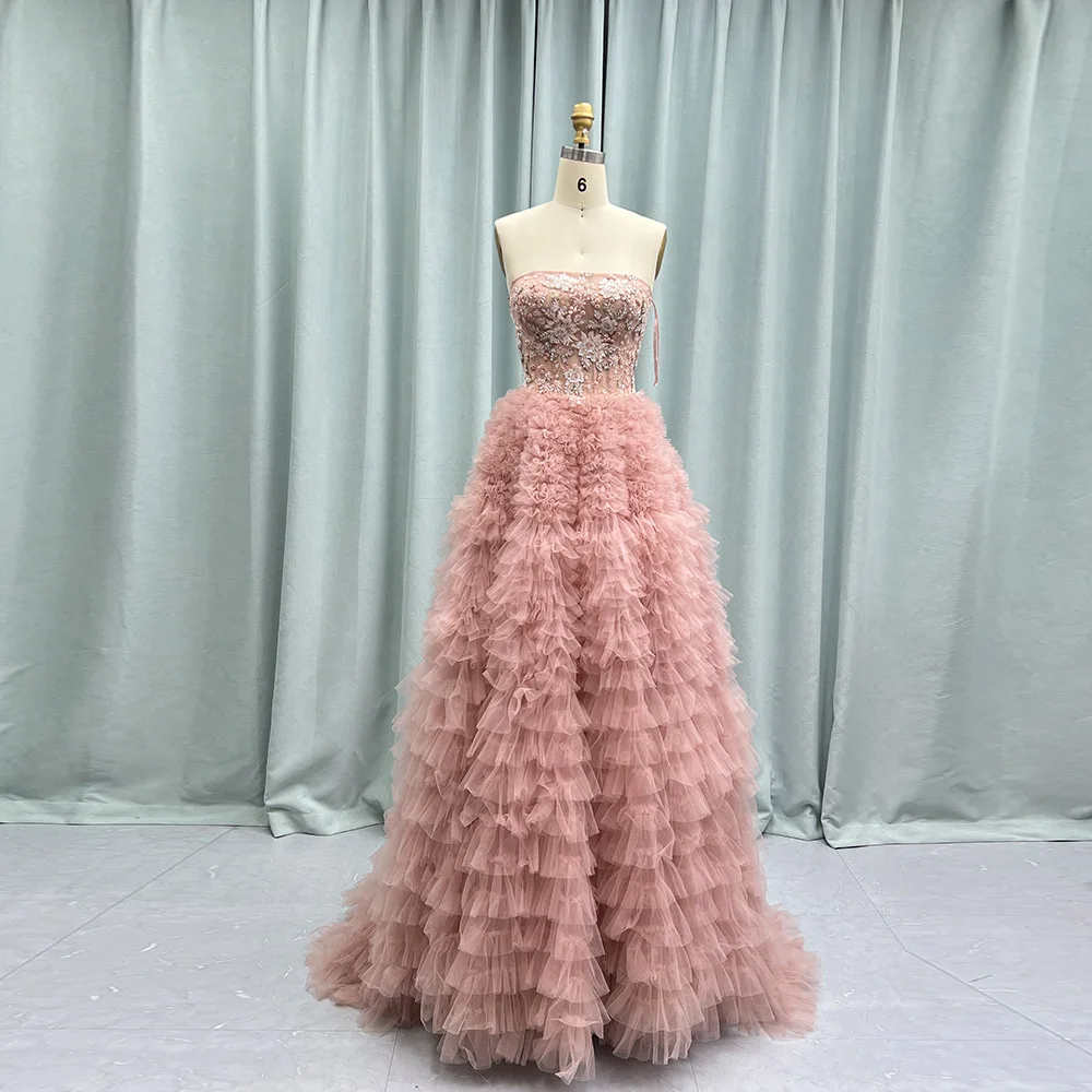 YQLNNE Pink Ball Gown Prom Dresses Long Strapless Tulle Ruffles Beaded Formal Evening Party Gowns For Quinceanera