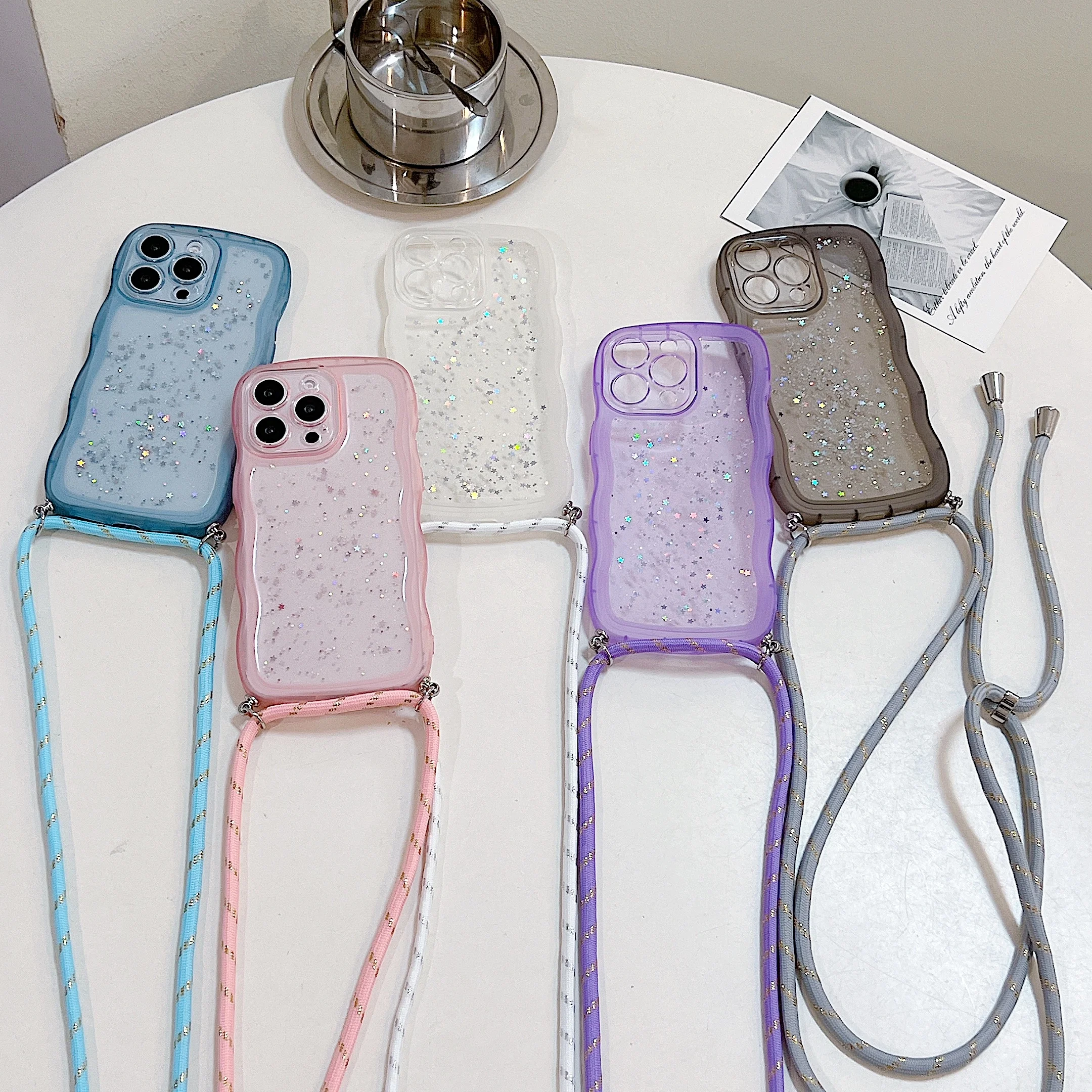 Adjustable Strap Case For Samsung Galaxy S24 Ultra S23 S22 S20 FE Note 20 A55 S21 Plus Star Glitter Crossbody Lanyard Neck Cover