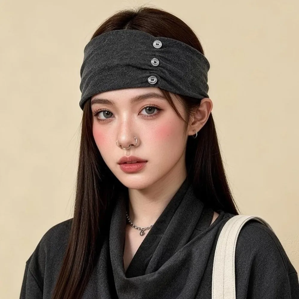 Sweet Cool Elastic Wide Button Headband Soft Outdoor Women Headband Pleated Travel Head Wrap for Students Daily