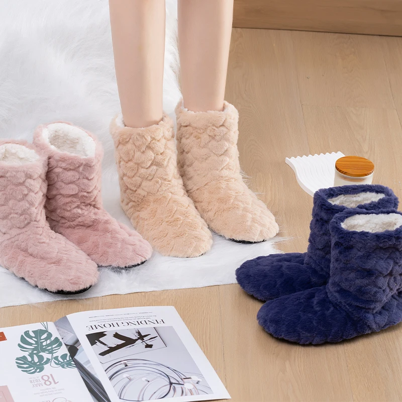 1Pair Women Floor Socks Couples Winter Solid Color Love Pattern Floor Shoes Comfortable Warm Plus Velvet Middle Non-slip Socks
