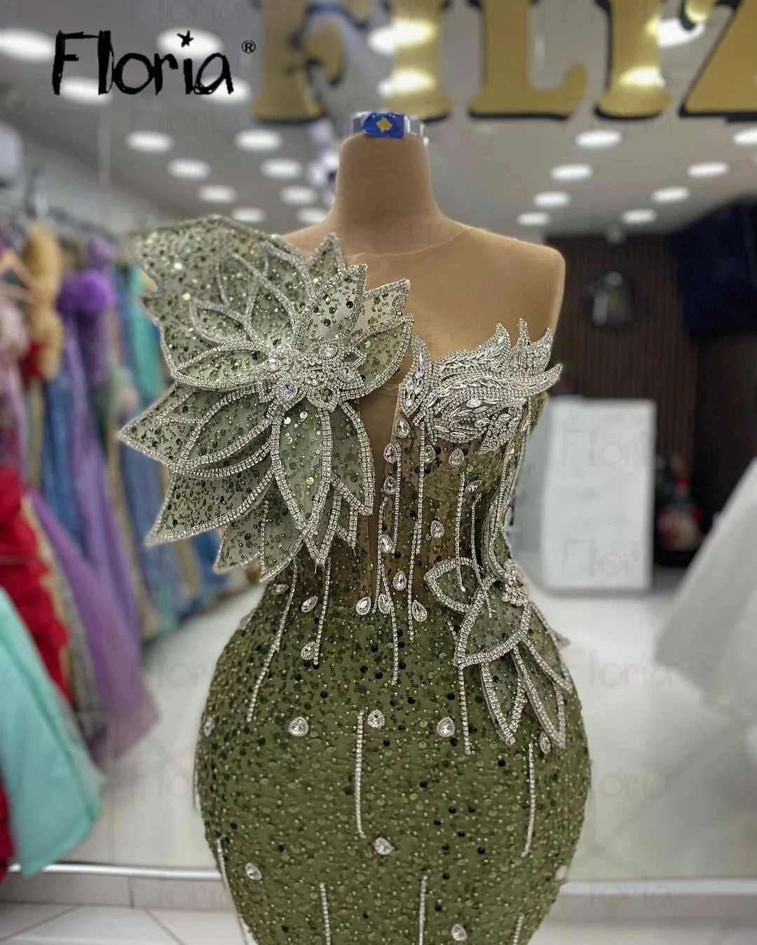 Floria 3D Leaf Mermaid Gorgeous Evening Dress Sage Green Beading Wedding Guest Gowns for Women Formal Celebrity Dress Prom Gowns