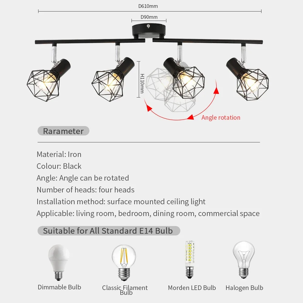 4 Head LED Track Lighting Simple Style E14 Adjusted AC90-260v Lighting for Accent Task Wall,SpotLight Ceiling Lighting for Shop