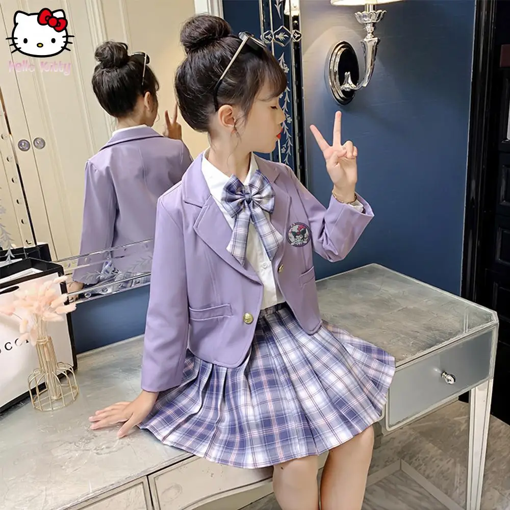 3 قطعة معطف الأطفال Kuromi قميص مطوي تنورة Sanrios الفتيات Jk موحدة ميلودي أنيمي ربيع الخريف طالب كلية نمط دعوى