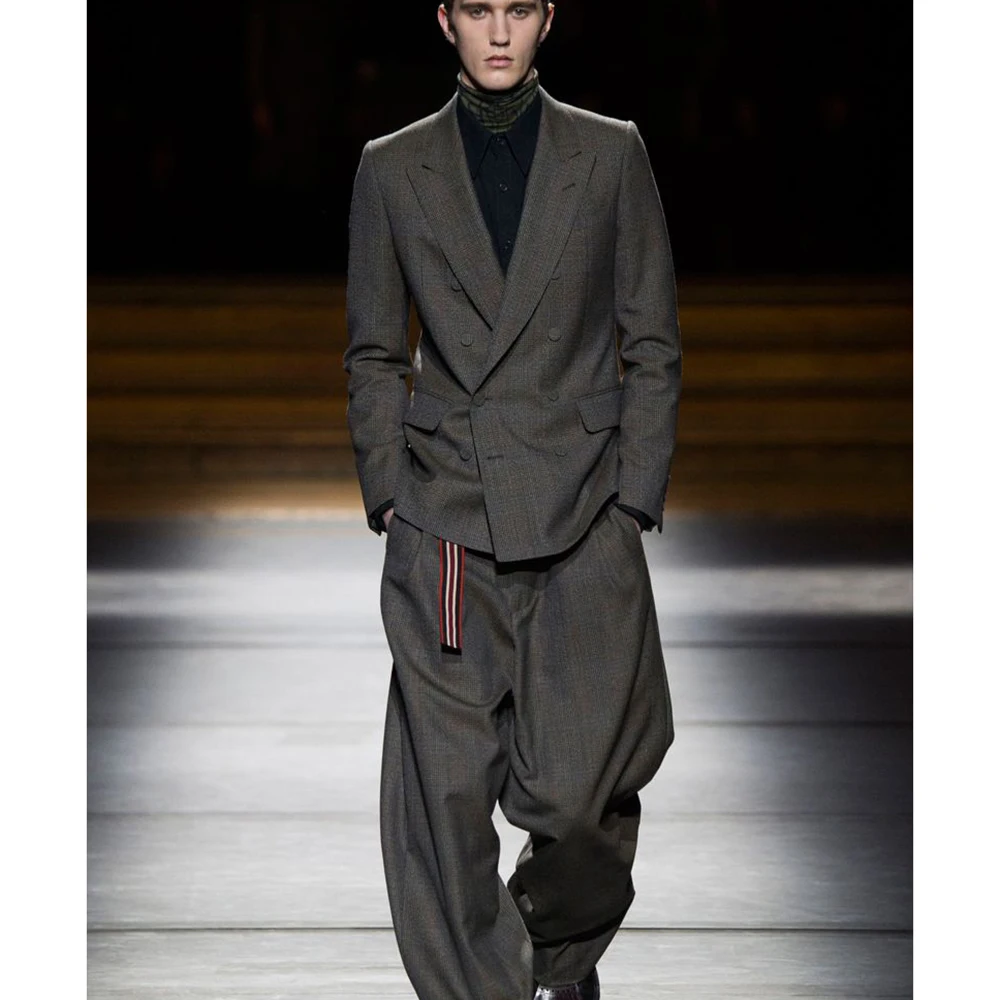 

Мужской однотонный модный тонкий костюм, комплект из 2 предметов, куртка и брюки, двубортный костюм с остроконечными лацканами, офисная мужская одежда, наряды