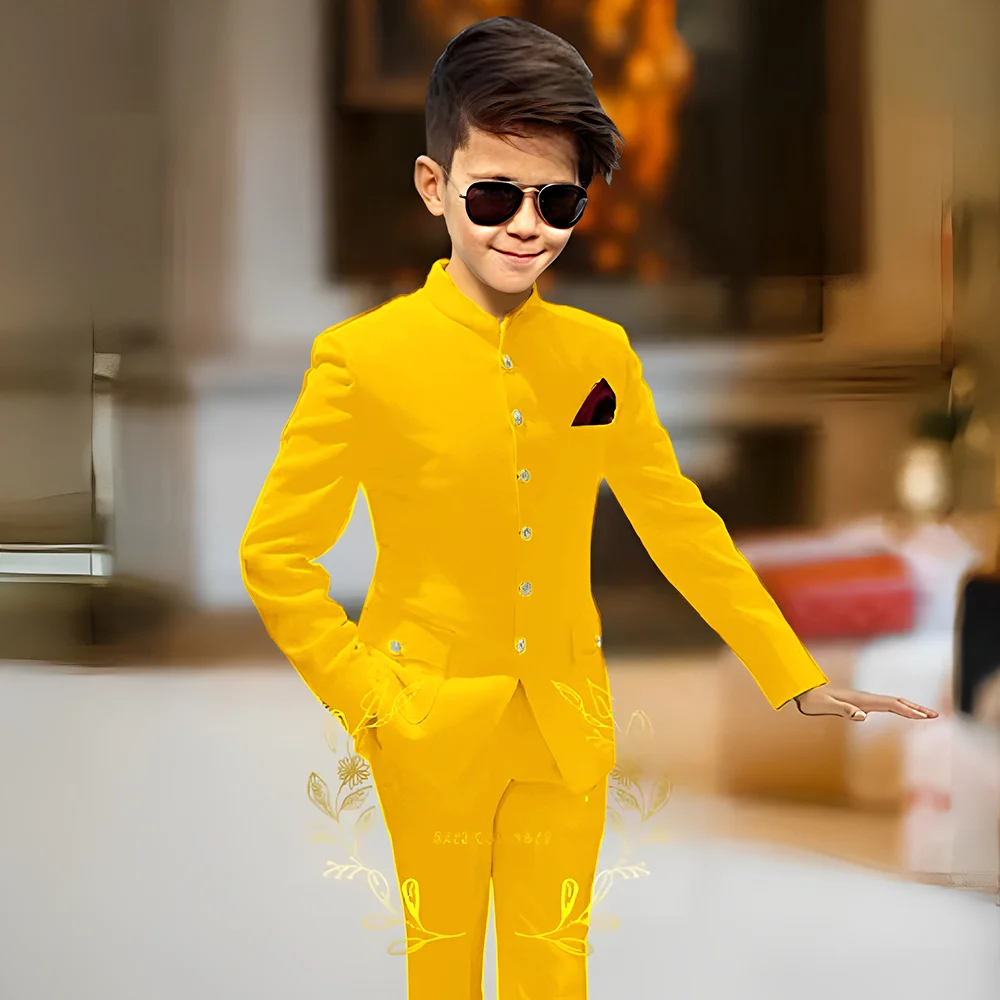 Boy Party Tuxedos 2 Pieces Latest Design Stand Collar Kids Suits Gold Buttons Fashion Party Wedding Suits For Boy