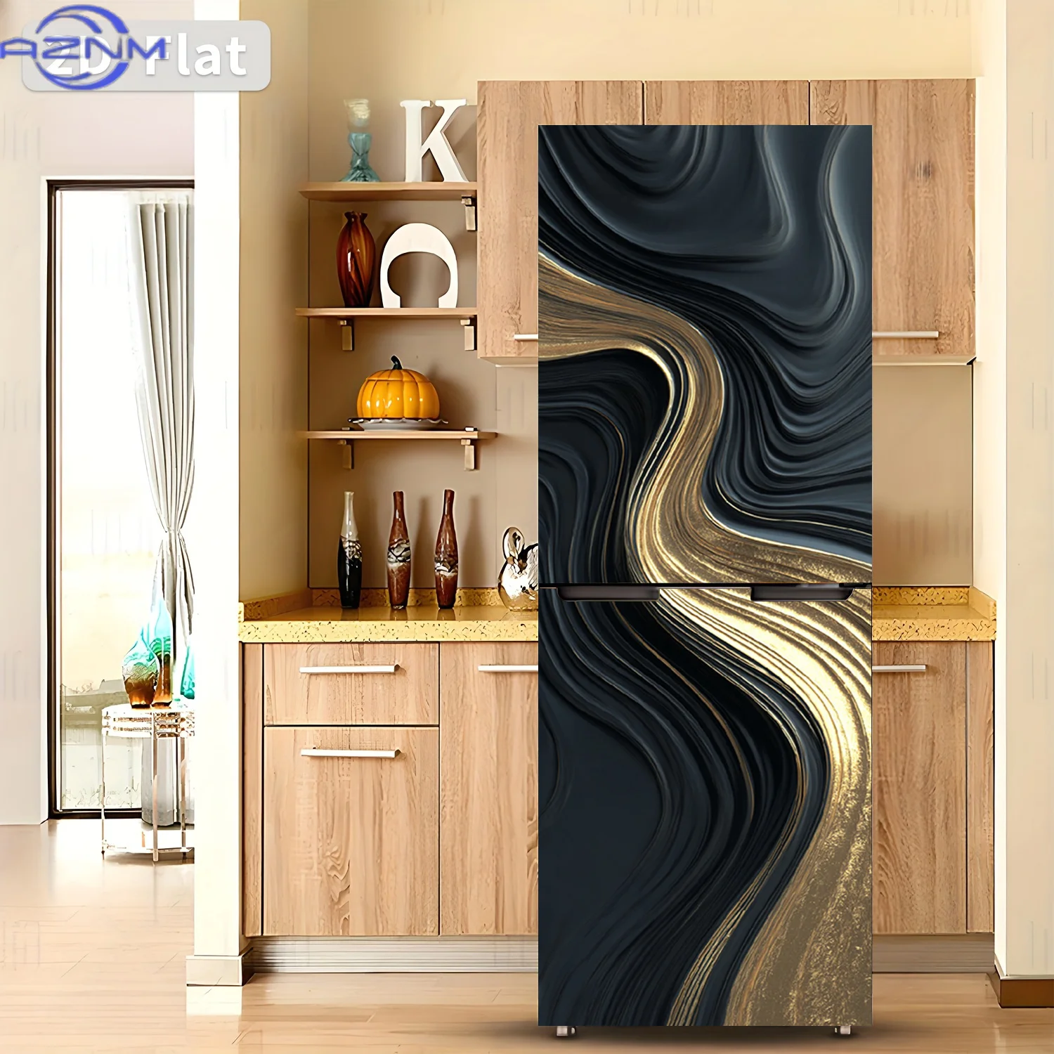 1pc of Refrigerator Sticker, , Featuring a Black And Golden Flowing Art Theme Design. Self-Adhesive Wall Decoration Suitable f