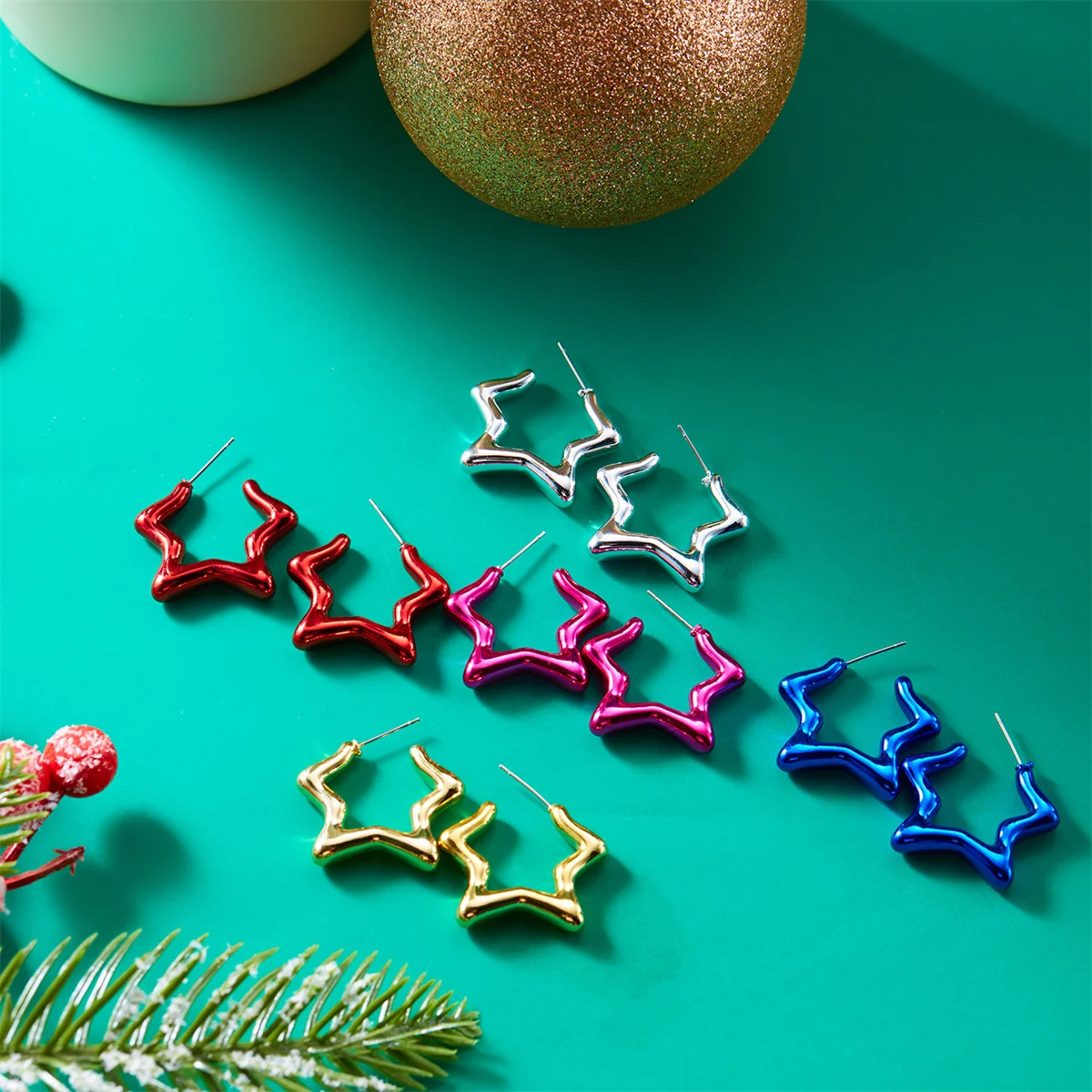 Multicolor Christmas Resin Hollow Star Stud Earrings For Women Punk Smooth Opening Star Earring New Year Festival Party Jewelry