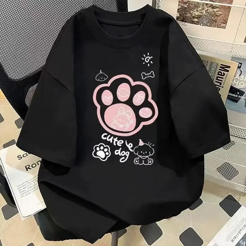 American Cartoon Fun Dog Paw Print Summer Women's New Short-sleeved T-shirt Top Tee Free Delivery Shipping Clothes Woman
