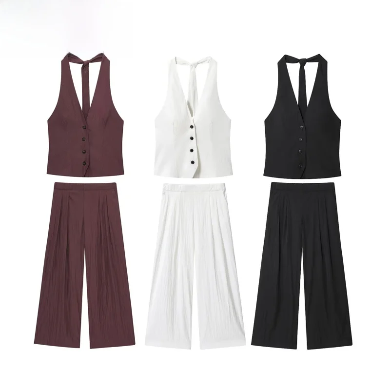 Conjunto de duas peças de moda primavera nova para mulheres com colete deco com nó de borboleta e calças de perna larga e...