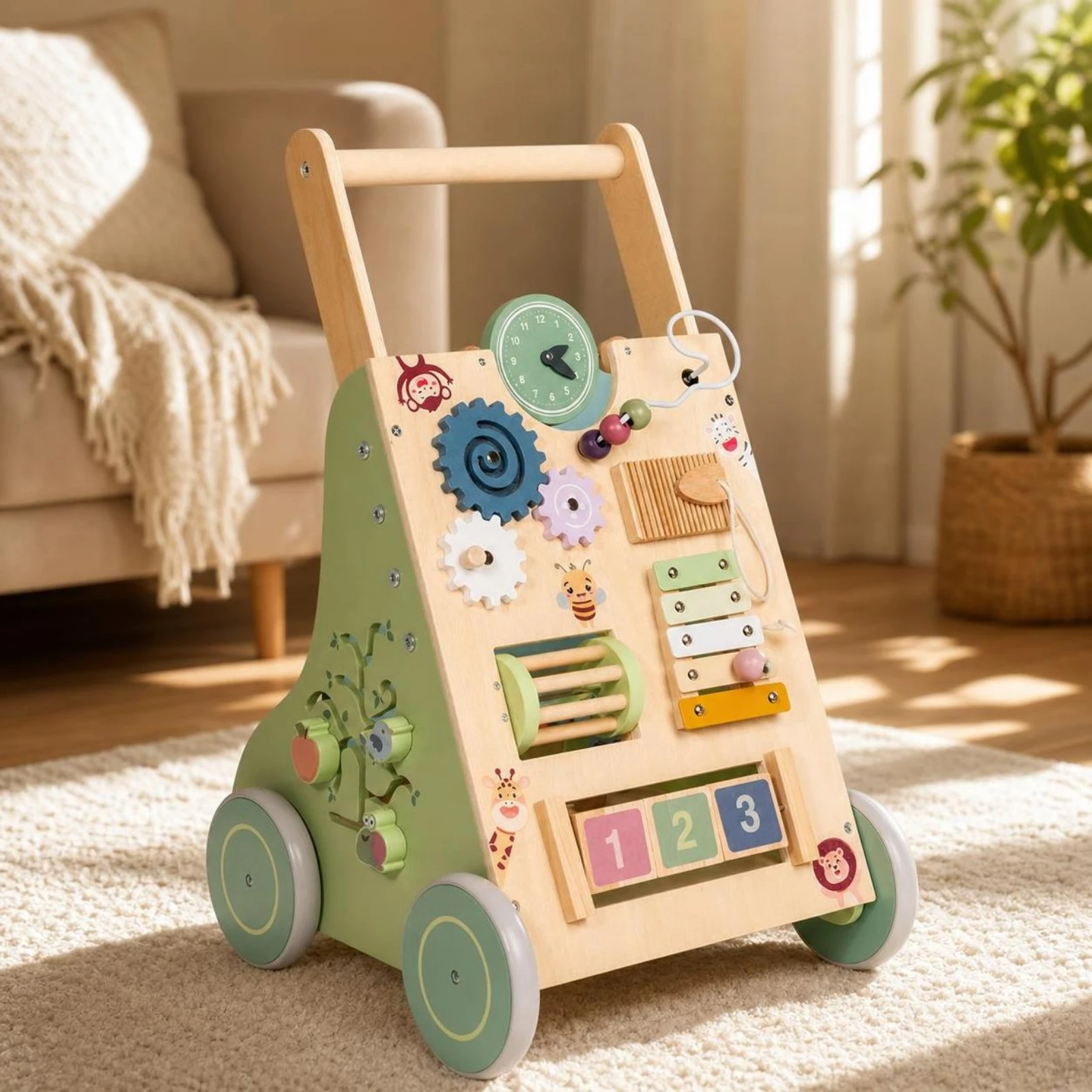 木製ベビーカー（アクティビティセンター付き）インタラクティブな押し手付きベビーカー（アクティビティセンターおもちゃ付き）多機能ナチュラルデザイン、幼児向け