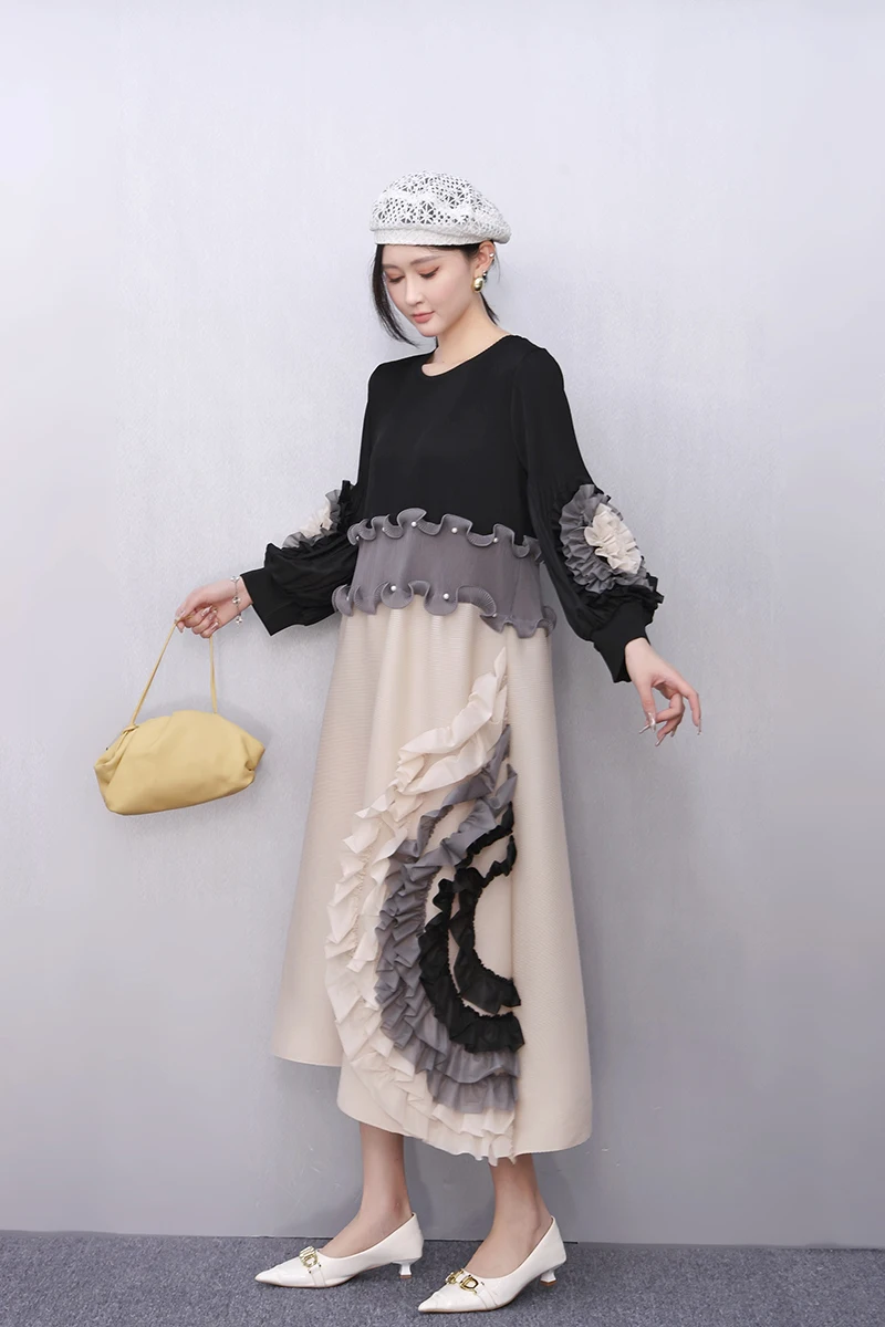 2025 Wiosna Lato Moda Elegancka Elastyczność Liść Lotosu Krawędź Luźne Długie Sukienki Damskie Sukienka z długim rękawem Hurtownia J1084