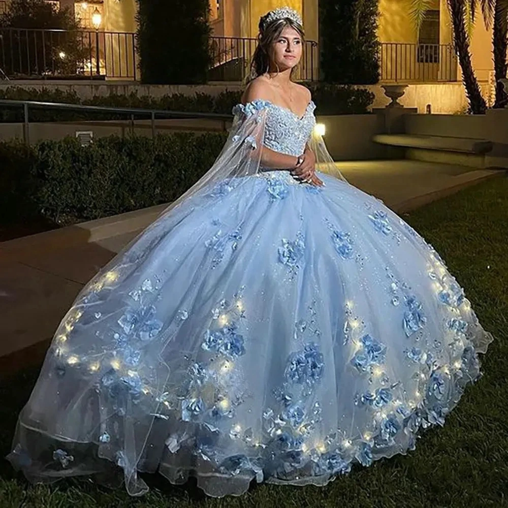 فستان الأميرة Quinceanera ، أزرق سماوي ، عاري الكتفين ، لؤلؤ زهري ، حلو 16 فساتين ، 15 سنة ، مخصص