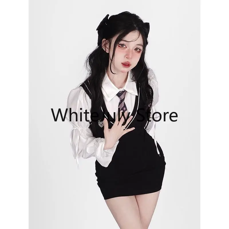 2023 Summer Vintage Knitted Suits Korean Style Sexy Bodycon Y2k Mini Dress + White Blouse Fashion Suits Even Party Clothing Chic