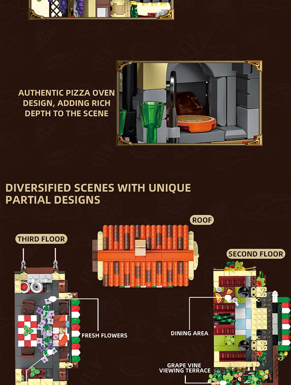 City Series MOC 1962pcs Pizza Shop Model Building Blocks DIY Pizza Restaurant Bricks Toys Gifts For Men Boy Desktop Ornament