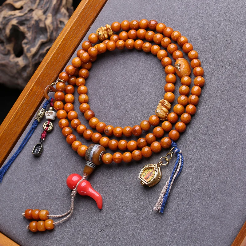 Hand-Held 108-Bead Buddhist Prayer Beads Made Of Yak Bone Of God Of Wealth A-Dai Tangga, With A Box And Side-