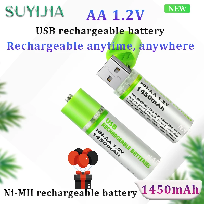 

AA 1.2V USB Rechargeable Battery 1450mAh Ni-MH Rechargeable Battery for Remote Control Mouse Alarm Clock Small Fan Electric Toys