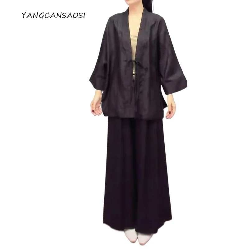 

Women's Fashion Clothing 100% Natural Mulberry Silk Jacquard Gambiered Guangdong Gauze Black Three-quarters Sleeve Cardigan Coat