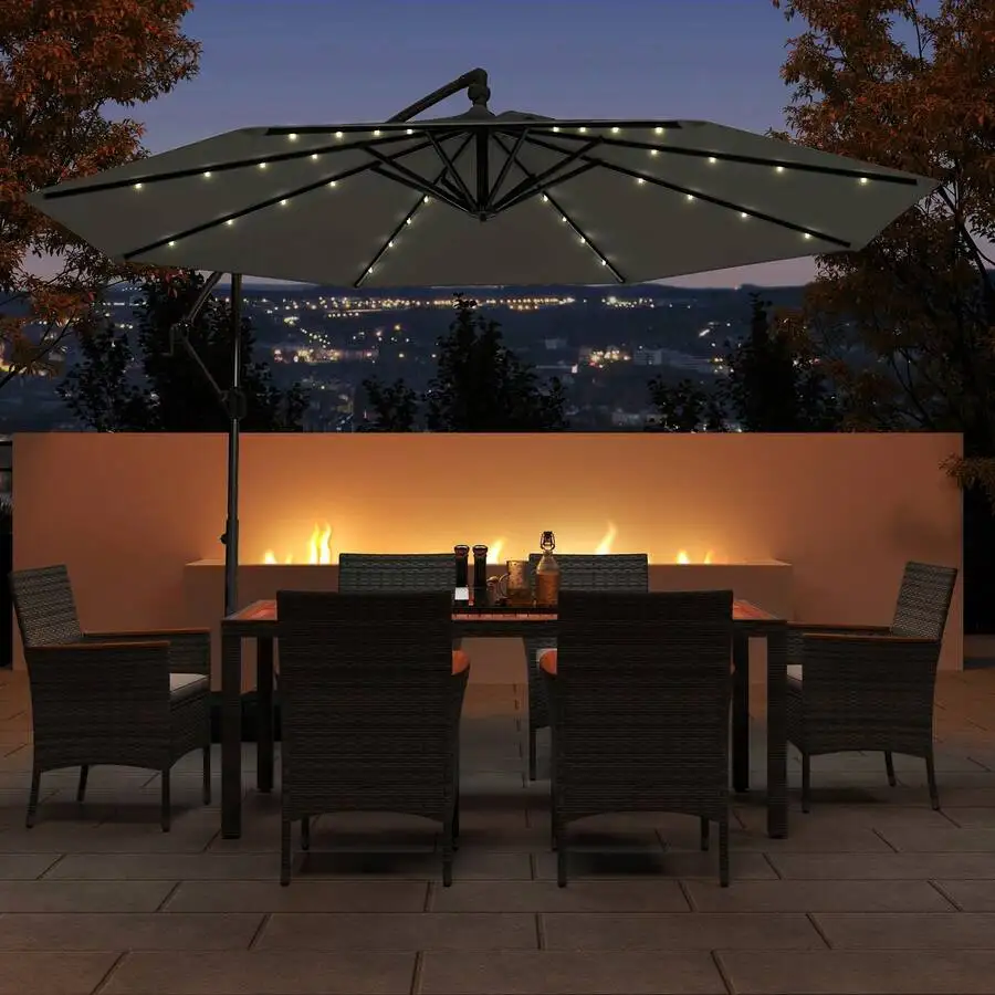 10 FT Solar Offset Hanging Umbrella Patio Cantilever Umbrella With 32 LED Lights