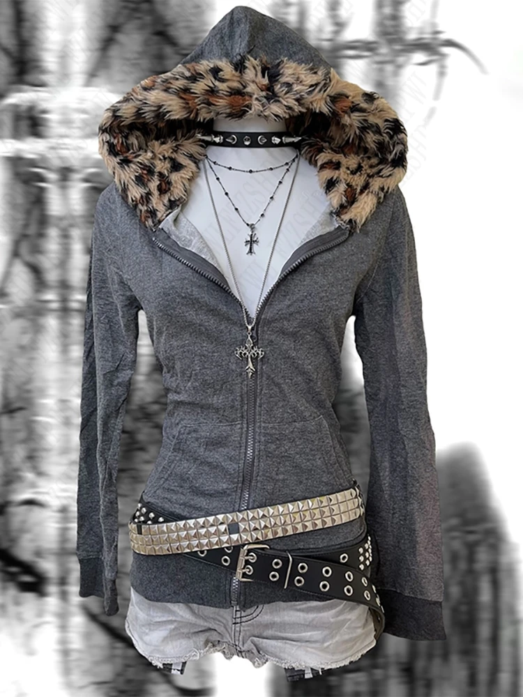 New Subcultures Fashionable Harajuku Gothic Aesthetic Hoodies Women's Slim-fit Casual Versatile Leopard print Plush Hat Coat Top