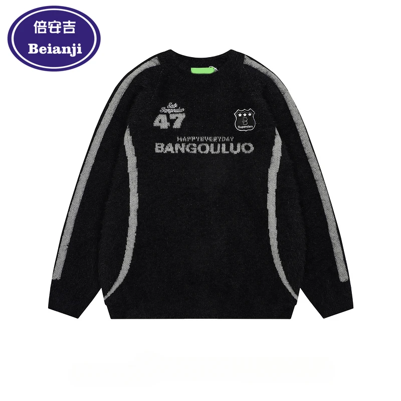 Beianji  knitwear American high street motorsport color contrast men's fashion brand Maillard loose niche autumn sweater