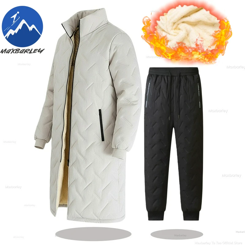 

Maxbarley Fleece Sets Men Winter 2026 Casual Thick Plush Thermal Long Jacket +Sports Pants Set Two Piece Snow Tracksuit Ski Suit