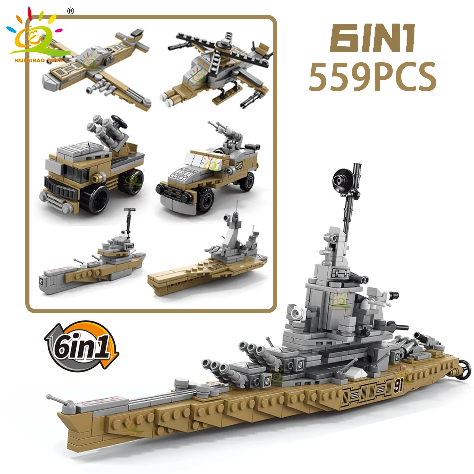 HUIQIBAO 559PCS 6IN1 Warship Military Building Blocks Missile Destroyer Cruiser Helicopters Bricks Construction Toy For Children