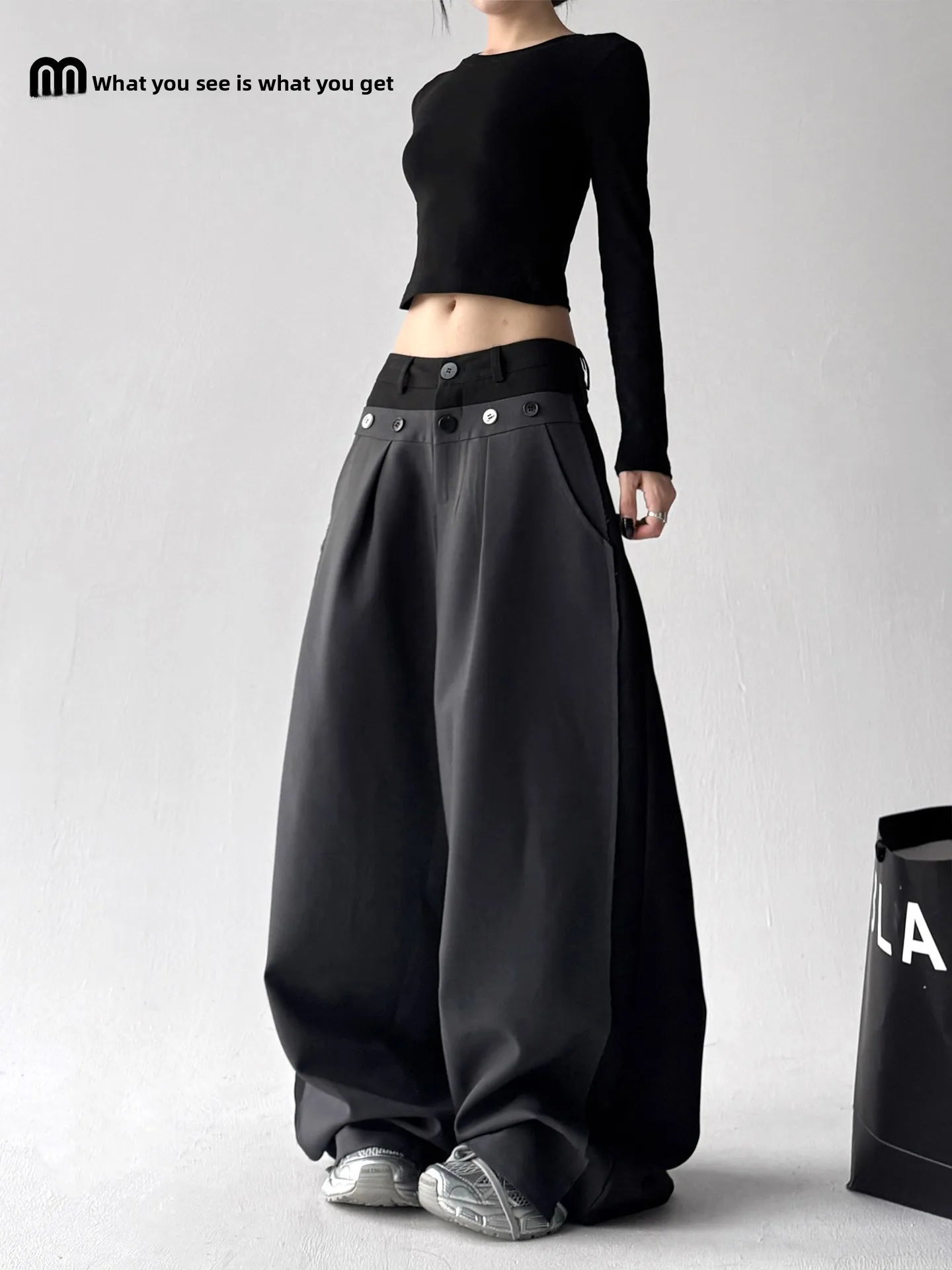 

Оригинальный дизайн, широкие брюки, женские свободные повседневные брюки в корейском стиле, шикарные, модные, с высокой талией, прямого кроя