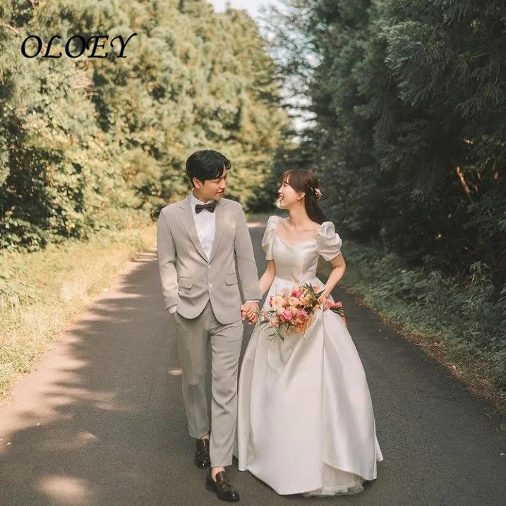 Oloey Customized 2027 Elegant White Satin Wedding Dress Short Puff Sleeve Sweetheart A Line Bridal Gown Vestidos De Novia