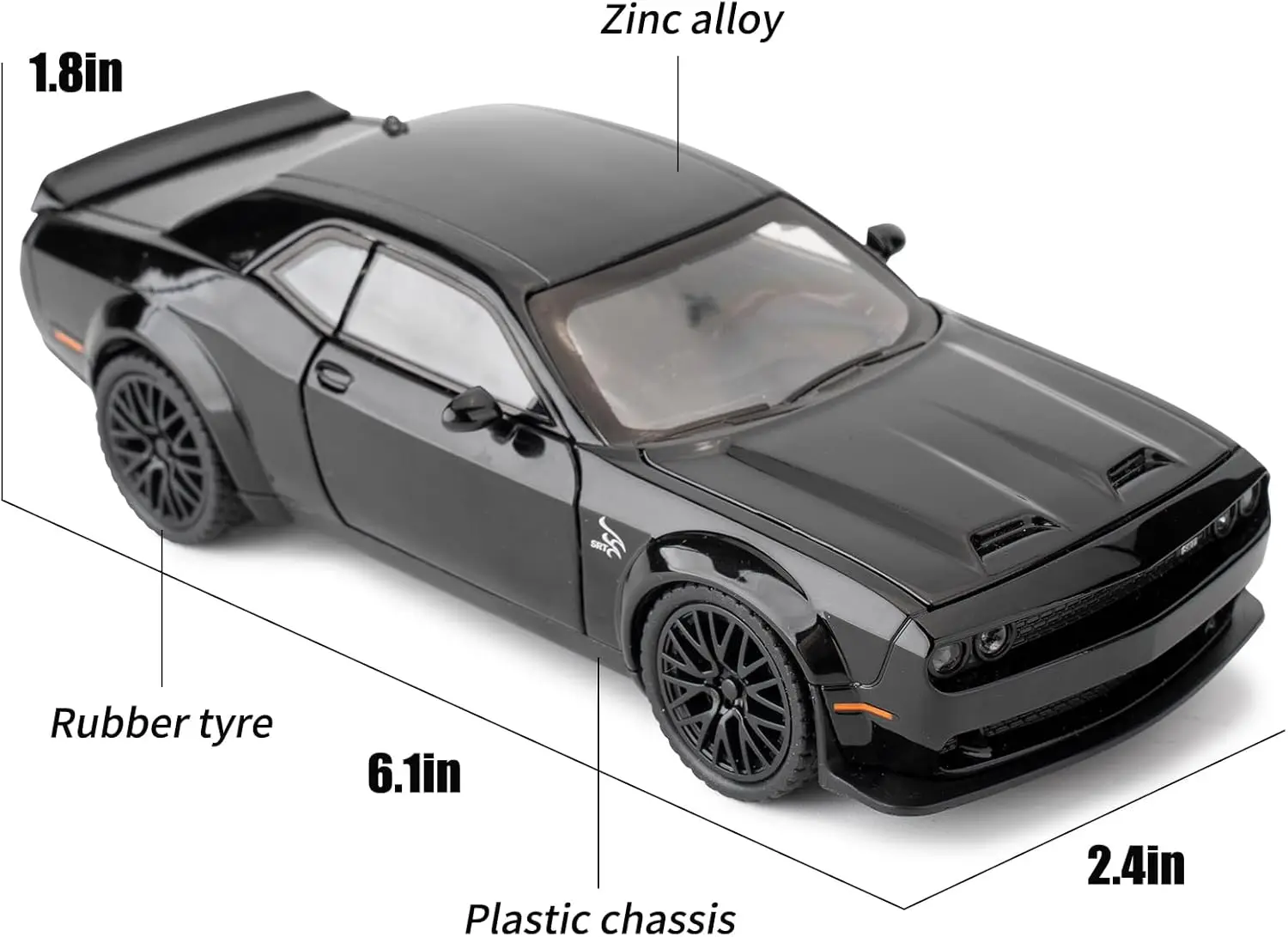 1/32 ダッジ チャレンジャー ヘルキャット モデルカー、亜鉛合金プルバック式おもちゃの車、サウンドとライト付き、子供、男の子、女の子へのギフト（ブラック）