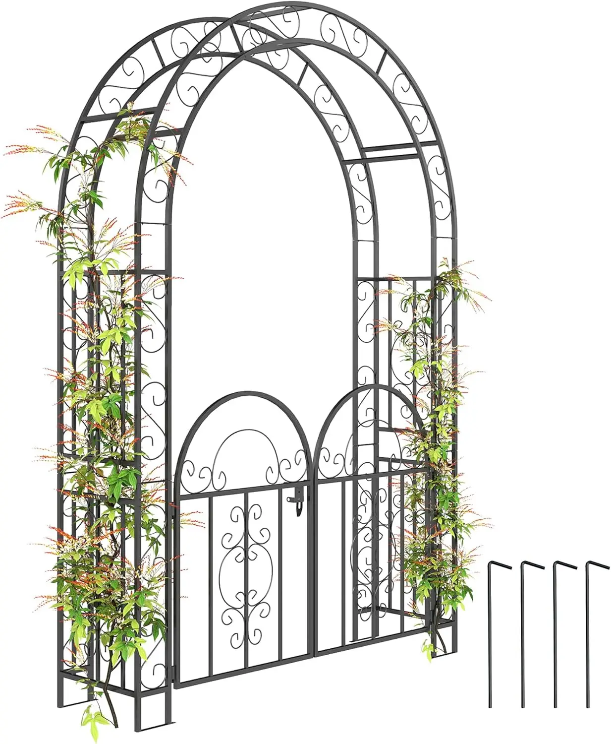 

7.4ft Steel Garden Arch with Gate, Garden Arbor Trellis for Climbing Plants, Roses, Vines, Wedding Arch Stand for Outdoor,Garden