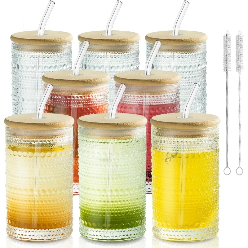 

8PCS Hobnail Glass cups with Bamboo Lids and Glass Straws, Beaded Glass Cups, Highball Bubble Cocktail Cups, for Cocktail,