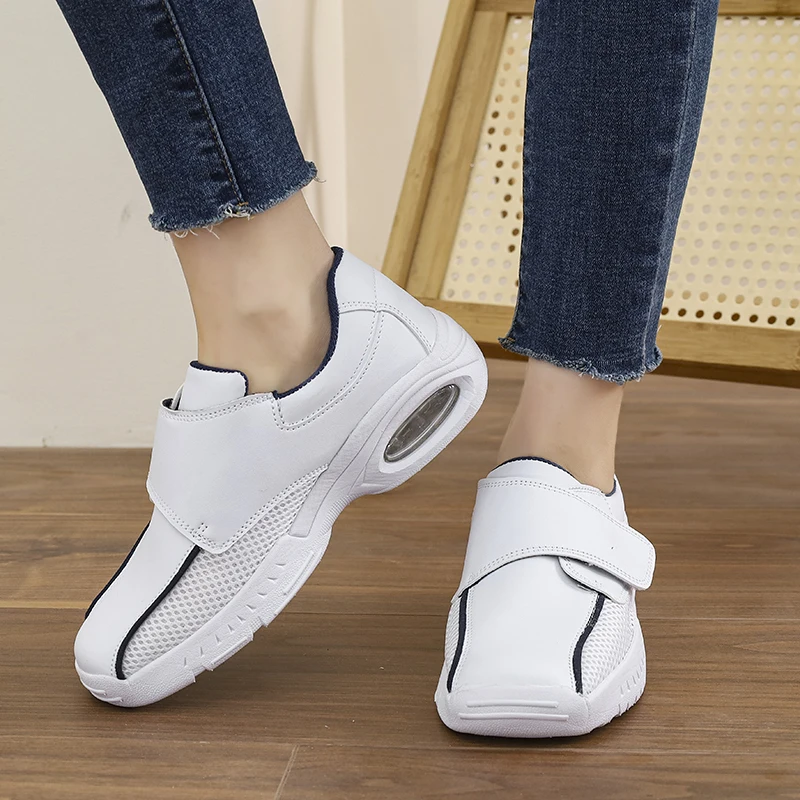 Professional Pure White Nursing Shoes Women Ladies Hook and Loop Closure Non-Slip Air Cushion Comfort Hospital Work Sneakers view 3