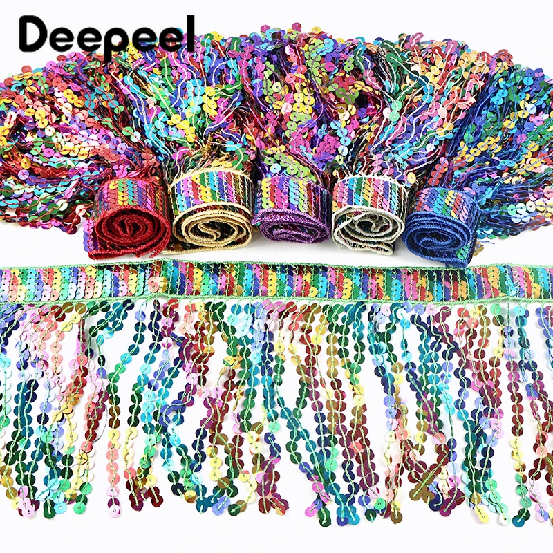 

5Yards 16cm Sequin Tassel Fringe Ethnic Beaded Lace Trim for Sewing Curtain Latin Dress Skirt Decoration Fabric DIY Accessories