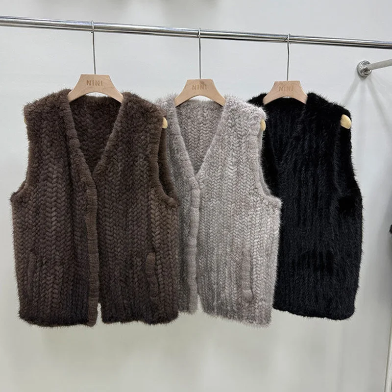 

New Natural Mink Fur Vest Knitted Women's Real Fur Strip Sewed Toghter Waistcoat Jackets Luxury Woman Clothing Outwear