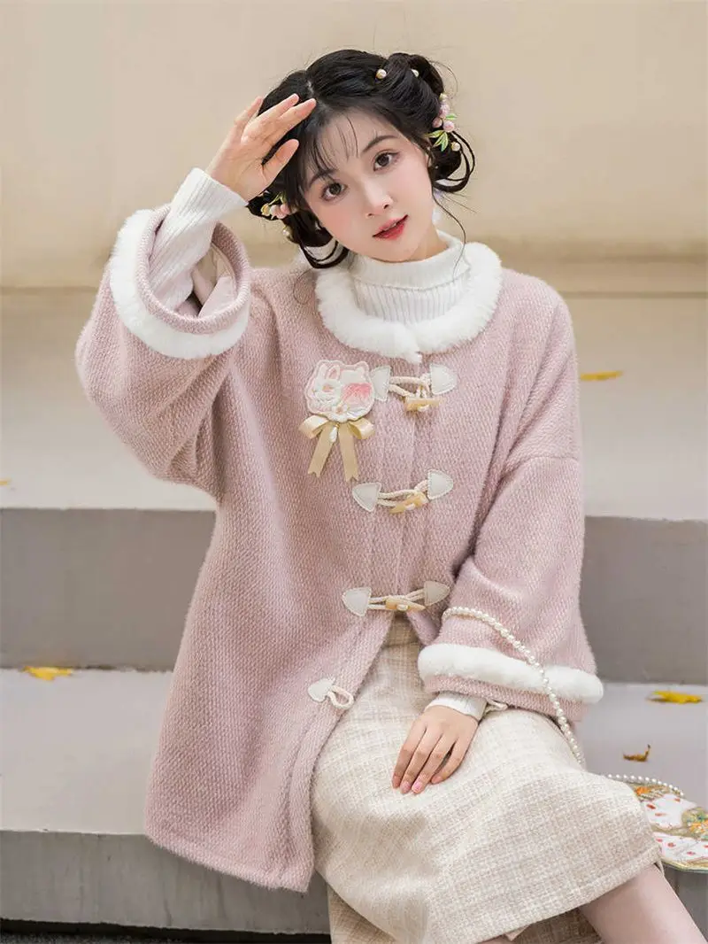 Winter Kawaii Embroidered Coat Women Loose Japanese Sweet Lolita Outwear Jacket Warm Cute Roung Neck Overcoat