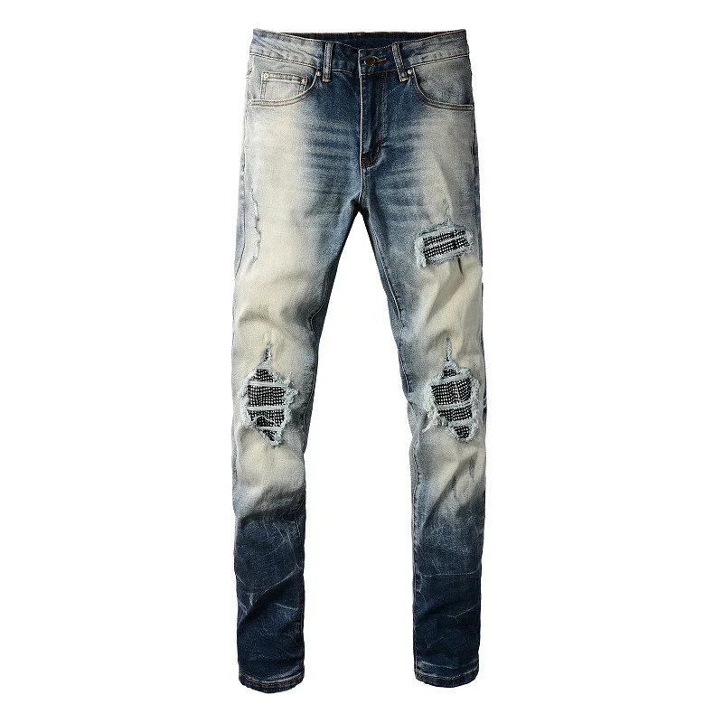 European and American High Street Men's New Style Ripped, Patched and Diamond-inlaid High-quality Slim-fit Jeans.