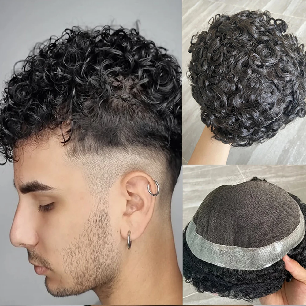 Laço Suíço e PU Base de Cabelo Humano Toupee, 20mm Profundo Curly Men Piece System, Substituição de Prótese Capilar, Respirável, Australiano